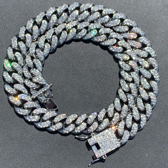 Iced Cuban Link Chain White Gold 14mm (Tennis Chain, Figaro Chain, Rope Chain) - Picture 2 of 4
